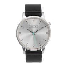 Load image into Gallery viewer, All silver Hervor watch with black leather strap and a turquoise accent second hand