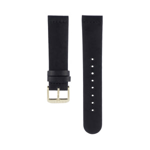 Black leather Hervor watch straps with gold buckle