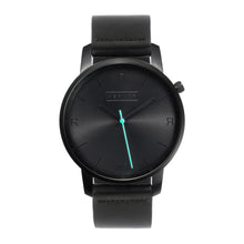 Load image into Gallery viewer, All black Hervor watch with black leather strap and a turquoise accent second hand