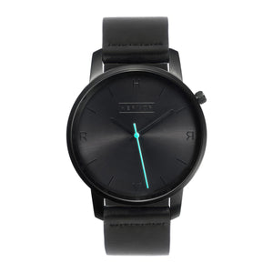 All black Hervor watch with black leather strap and a turquoise accent second hand