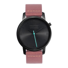 Load image into Gallery viewer, All black Hervor watch with dusty rose dark pink leather strap and a turquoise accent second hand