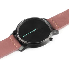 Load image into Gallery viewer, All black Hervor watch with dusty rose dark pink leather strap and a turquoise accent second hand