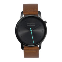 Load image into Gallery viewer, All black Hervor watch with fox brown leather strap and a turquoise accent second hand