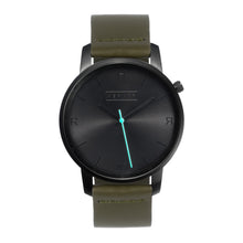 Load image into Gallery viewer, All black Hervor watch with olive khaki green leather strap and a turquoise accent second hand