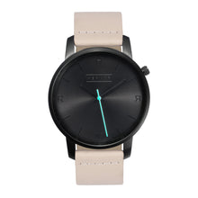 Load image into Gallery viewer, All black Hervor watch with light pink skin tone leather strap and a turquoise accent second hand