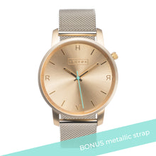Load image into Gallery viewer, All gold Hervor watch with gold metallic mesh strap and a turquoise accent second hand