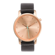 Load image into Gallery viewer, All rose gold Hervor watch with black leather strap and a turquoise accent second hand