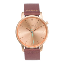 Load image into Gallery viewer, All rose gold Hervor watch with dusty rose dark pink leather strap and a turquoise accent second hand