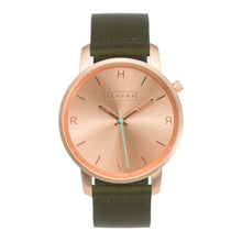 Load image into Gallery viewer, All rose gold Hervor watch with olive khaki green leather strap and a turquoise accent second hand