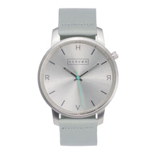 Load image into Gallery viewer, All silver Hervor watch with dove grey leather strap and a turquoise accent second hand