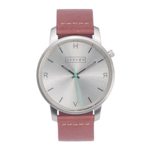 Load image into Gallery viewer, All silver Hervor watch with dusty rose dark pink leather strap and a turquoise accent second hand