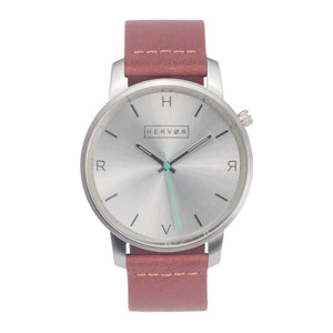 All silver Hervor watch with dusty rose dark pink leather strap and a turquoise accent second hand