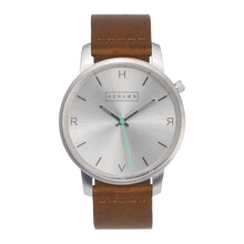 Load image into Gallery viewer, All silver Hervor watch with fox brown leather strap and a turquoise accent second hand