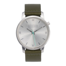 Load image into Gallery viewer, All silver Hervor watch with olive khaki green leather strap and a turquoise accent second hand