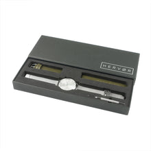 Load image into Gallery viewer, Silver Hervor watch in black packaging includes strap adjustment tool
