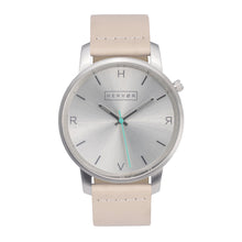 Load image into Gallery viewer, All silver Hervor watch with light pink skin tone leather strap and a turquoise accent second hand