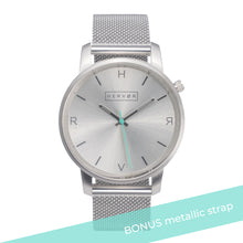 Load image into Gallery viewer, All silver Hervor watch with silver metallic mesh strap and a turquoise accent second hand